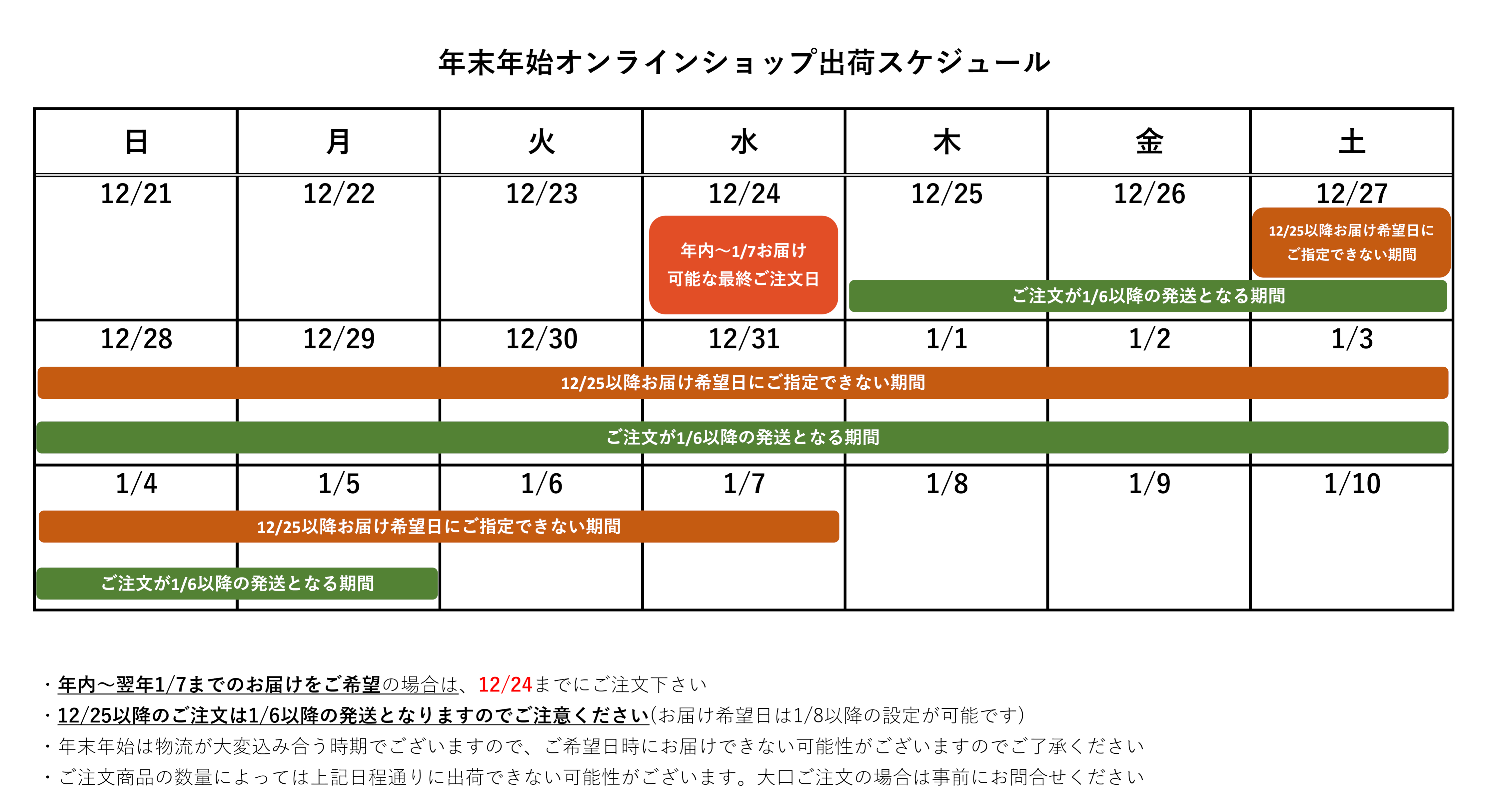 年末年始出荷のお知らせ